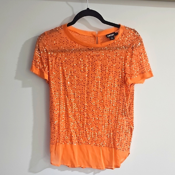 DKNY Orange Sequin Women's Top Short Sleeves Petite Silk nwt - Picture 1 of 12